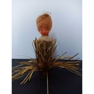 Vintage Angel tree topper Cardboard Gold wings‎ dress and plastic face Halo